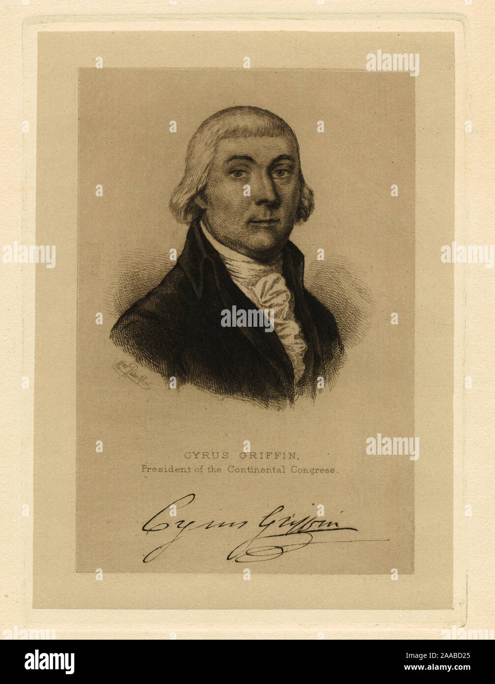 Druckgrafiker gehören H.B. Hall, Albert Rosenthal, Max Rosenthal. Verfasser ist David McNeely Stauffer. Titel aus dem Kalender von Emmet Sammlung. EM 1075; Cyrus Griffin, Präsident des Continental Congress. Stockfoto