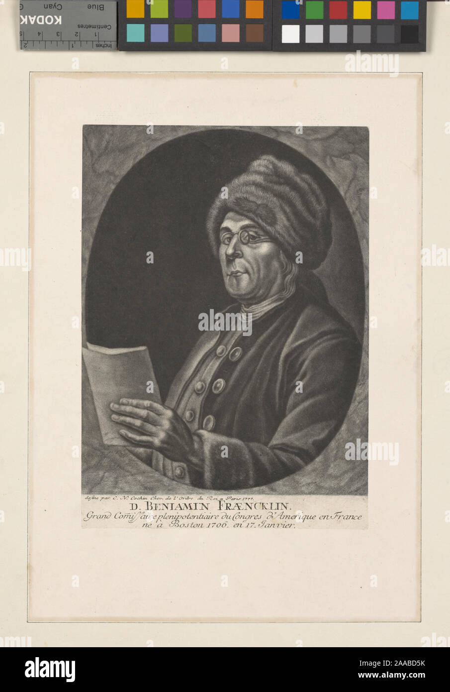 Druckgrafiker gehören Henry Bryan Hall, Jacobus Houbraken, James McArdell, Thomas Phillibrowne & William Wellstood. Titel aus dem Kalender der Emmet Sammlung. EM 1704; D. Benjamin Francklin grand commissaire plenipoteniare... Stockfoto