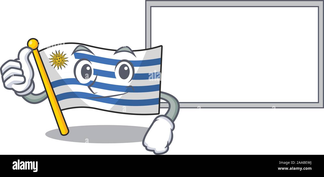 Daumen hoch mit Board cartoon Flagge Uruguay mit Maskottchen Stock Vektor