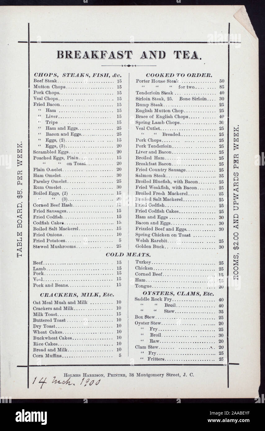 Menü hat Raum für handschriftliche PREISE, ABER DIE PREISE SIND NICHT FEST; ZIMMER VERFÜGBAR; KOMMUTIERUNG TICKETS verfügbar; die ganze Nacht geöffnet; tägliche Menü [von] EWING NEUE RESTAURANT [at] 13 MONTGOMERY STREET (JERSEY CITY, NJ?) (REST gehalten ;) Stockfoto