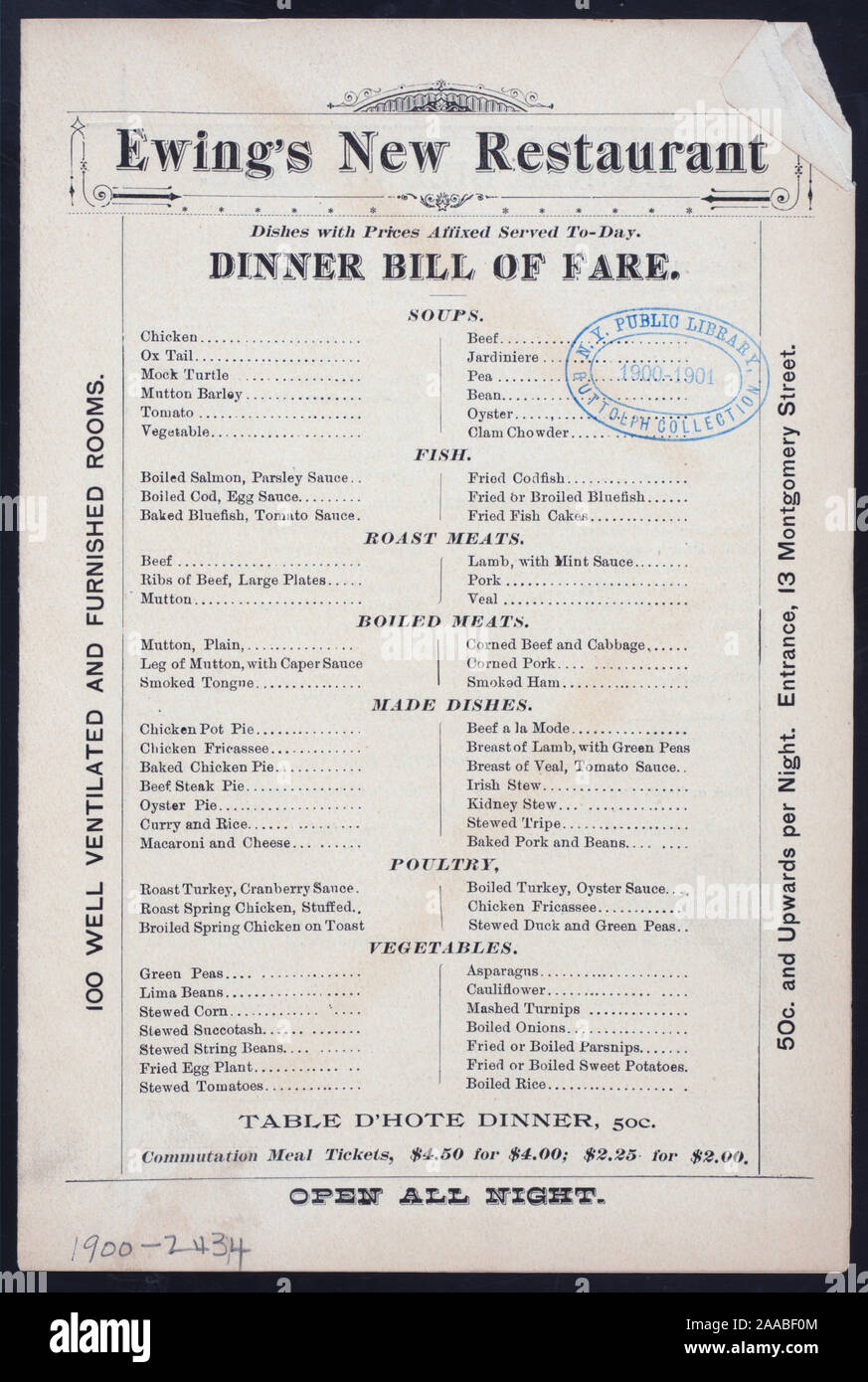 Menü hat Raum für handschriftliche PREISE, ABER DIE PREISE SIND NICHT FEST; ZIMMER VERFÜGBAR; KOMMUTIERUNG TICKETS verfügbar; die ganze Nacht geöffnet; tägliche Menü [von] EWING NEUE RESTAURANT [at] 13 MONTGOMERY STREET (JERSEY CITY, NJ?) (REST gehalten ;) Stockfoto