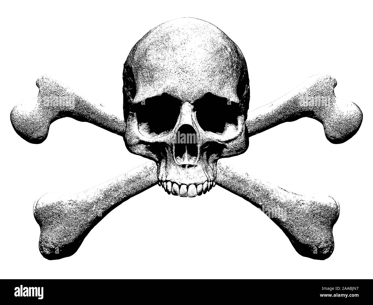 Totenkopf mit gekreuzten Knochen Abbildung im Hintergrund - 3D-Rendering Stockfoto