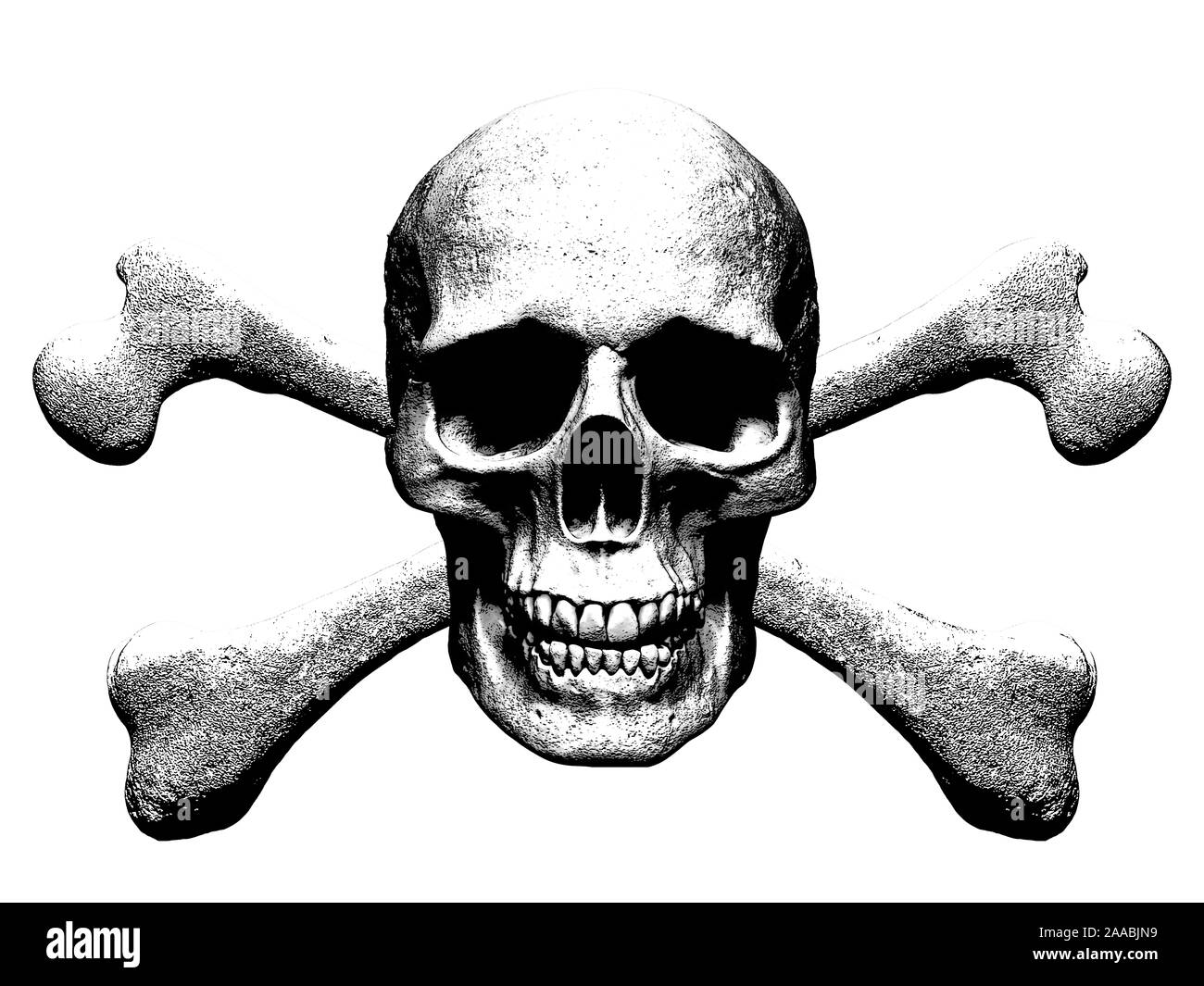 Totenkopf mit gekreuzten Knochen Abbildung im Hintergrund - 3D-Rendering Stockfoto