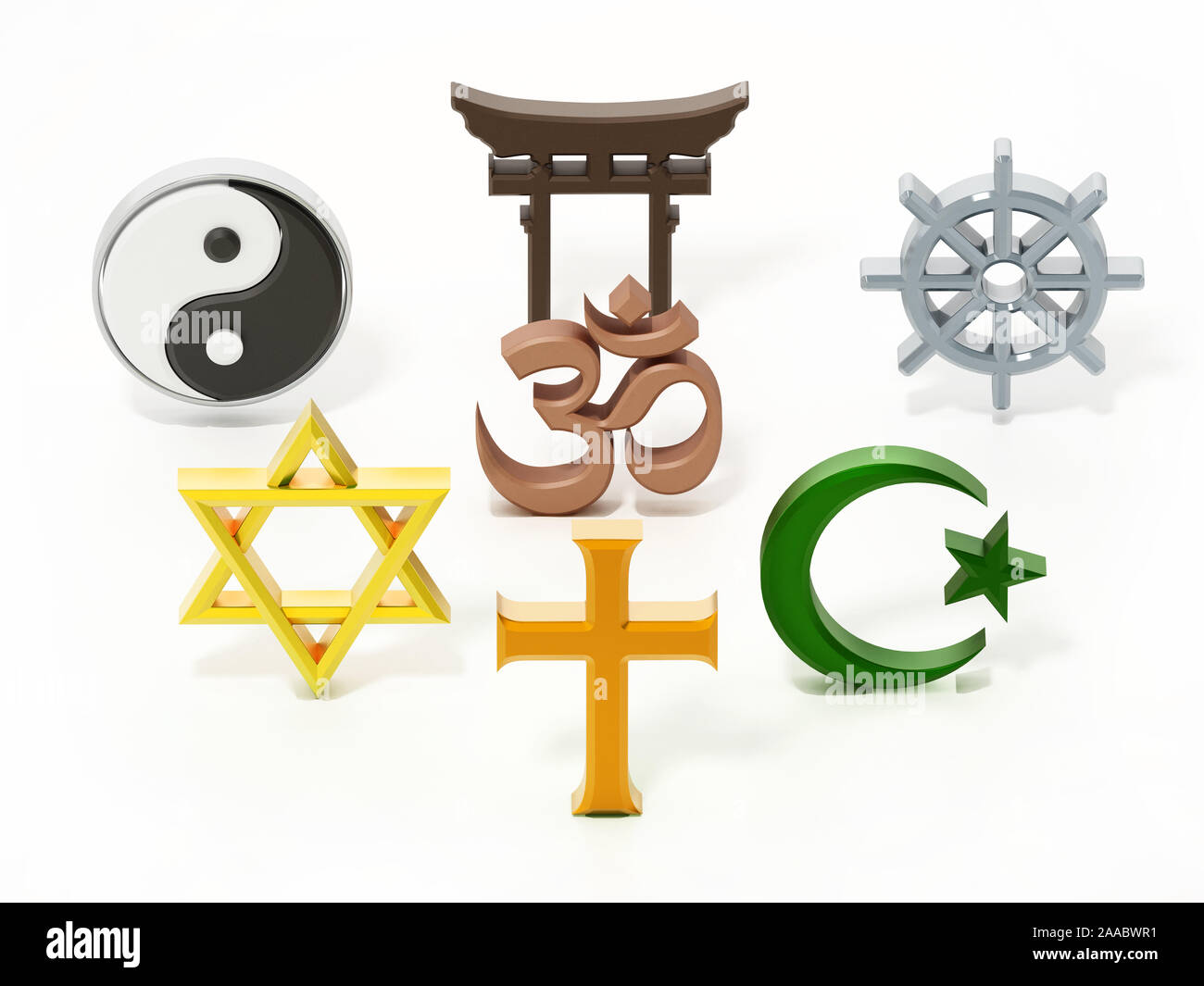 Spirituelle und religiöse Symbole auf weißen isoliert. 3D-Darstellung. Stockfoto