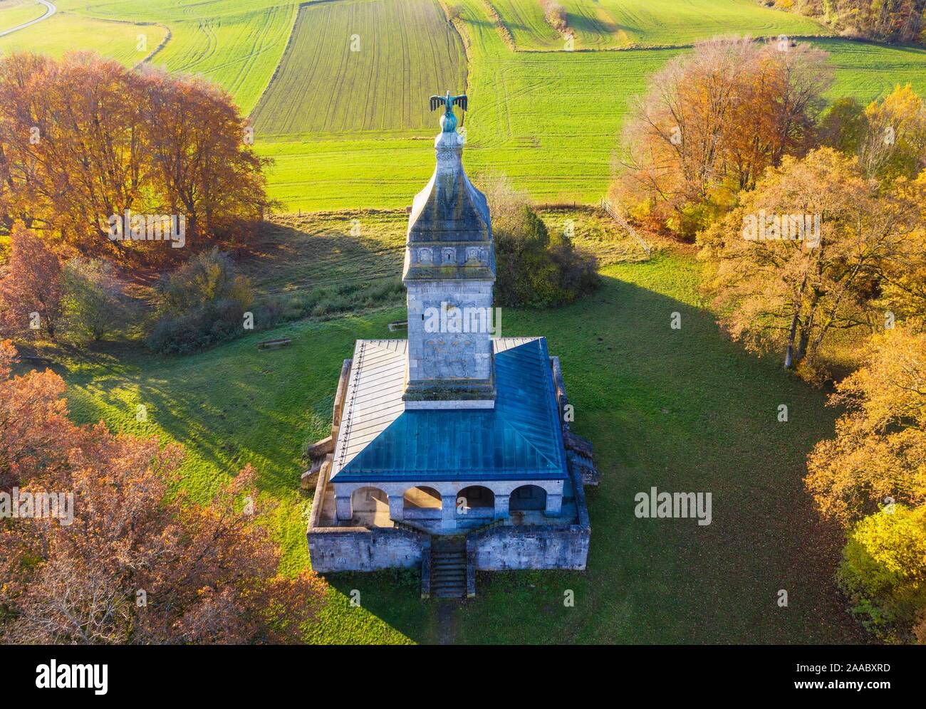 Bismarckturm am Starnberger See, in der Nähe von Berg, Funfseenland Assenhausen, Luftaufnahme, Oberbayern, Bayern, Deutschland Stockfoto