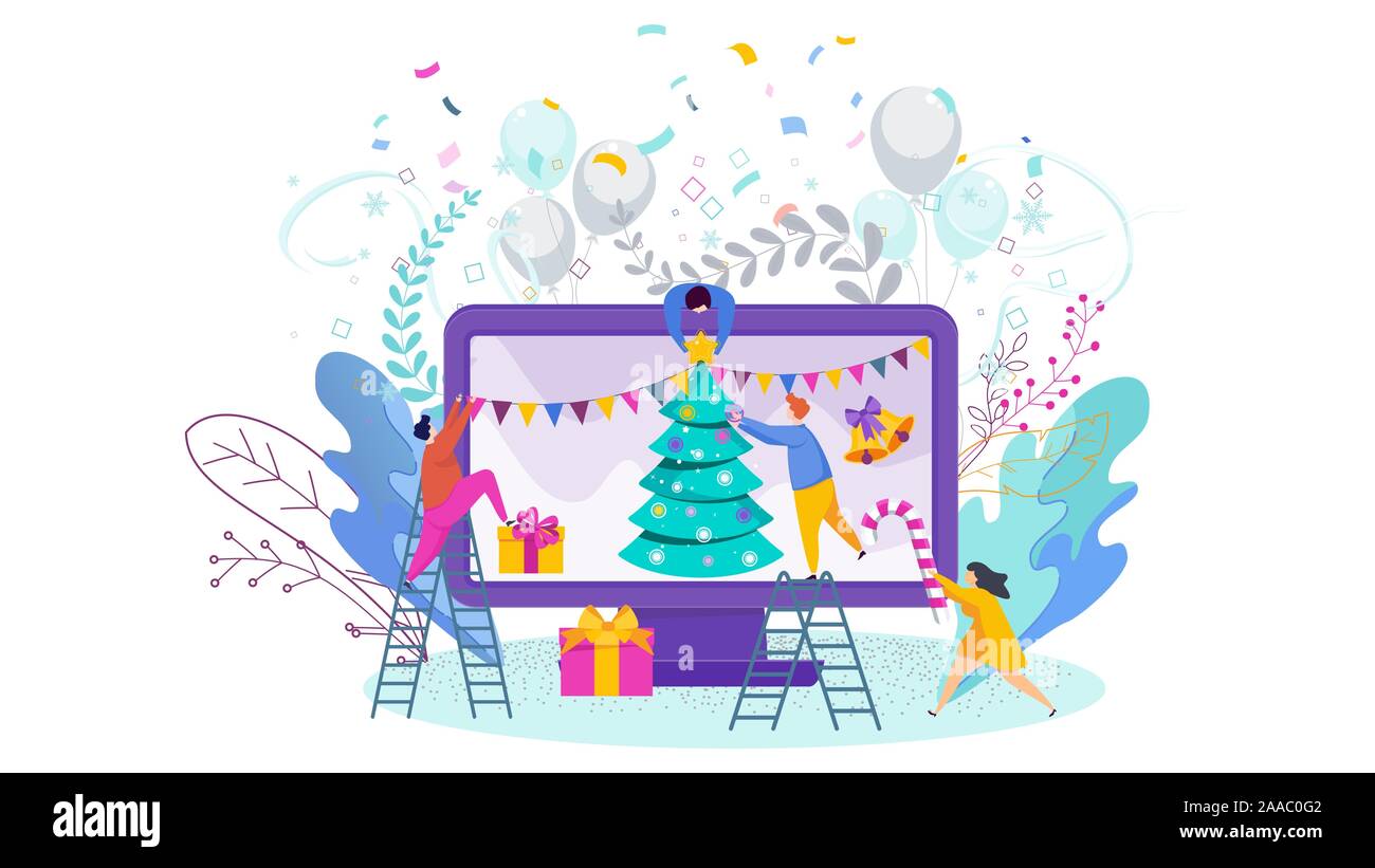 Winzige Menschen schmücken einen Weihnachtsbaum auf dem Computer angezeigt. Stock Vektor