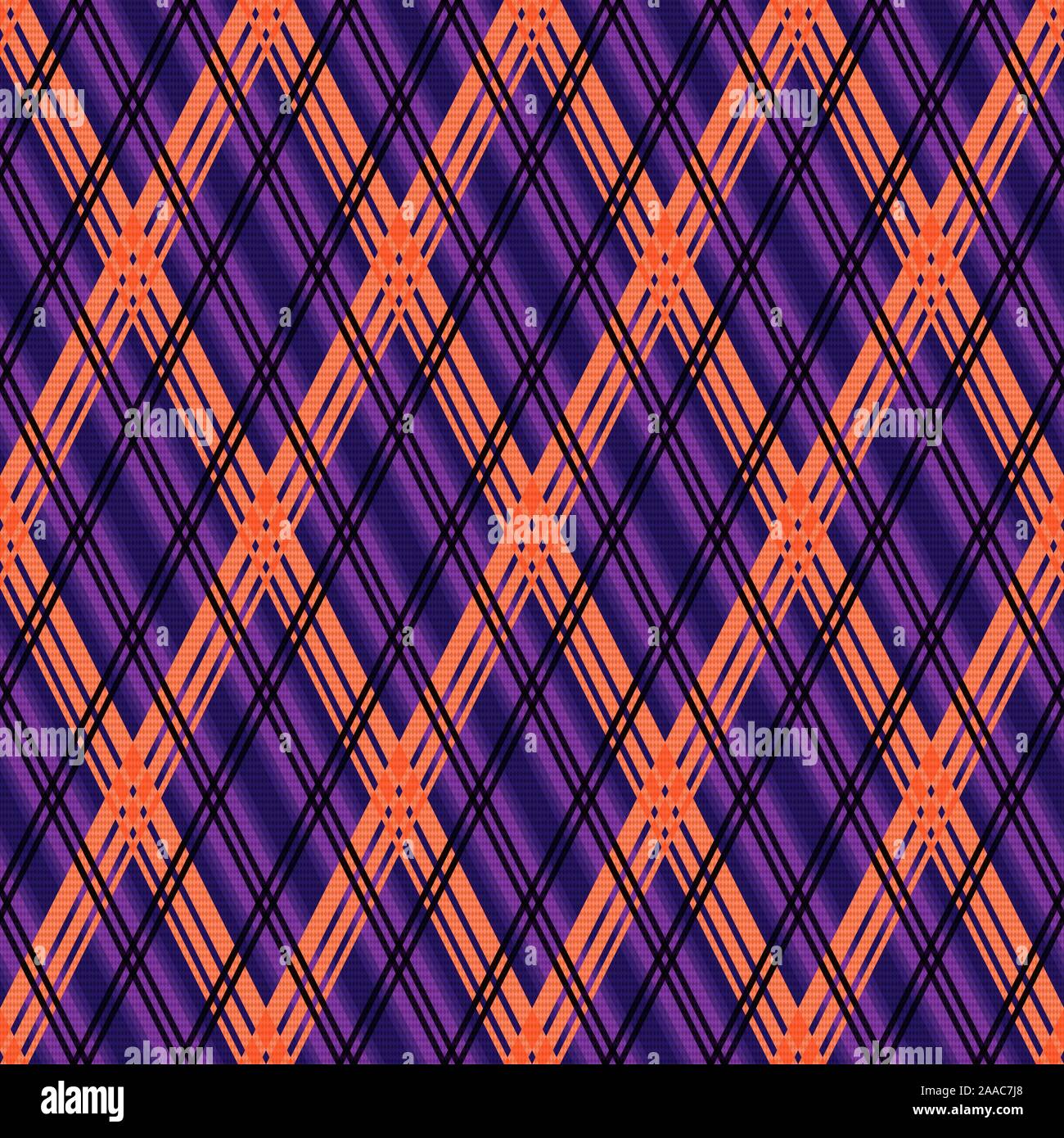 Rhombische nahtlose Vektor Muster als tartan plaid hauptsächlich in violette Farbtöne mit orangen und schwarzen Linien Stock Vektor