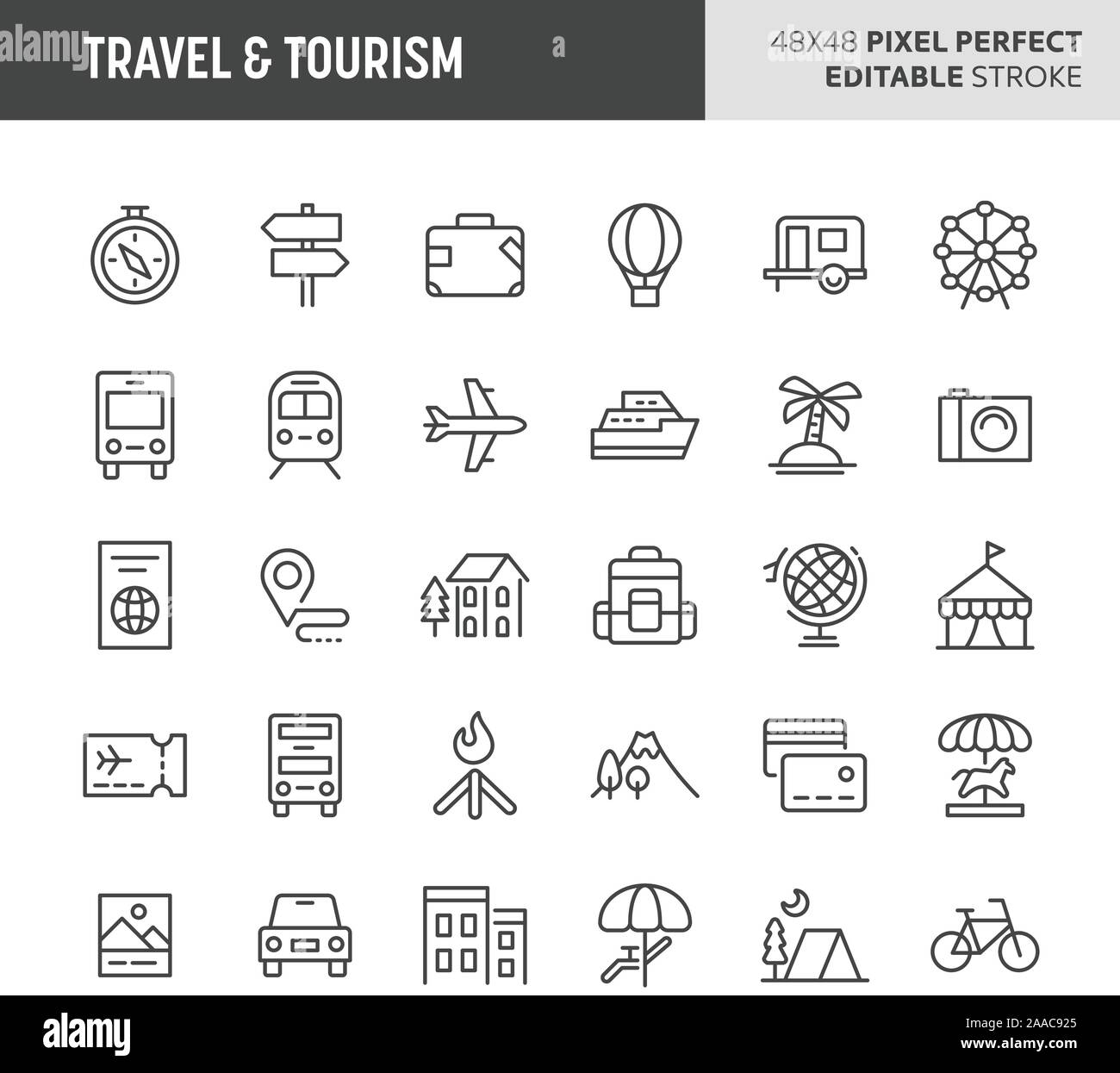 30 dünne Linie Symbole im Zusammenhang mit Reisen und Tourismus. Symbole wie Unterkunft, Transport und Tourismus Seiten sind in diesem Set enthalten. 48 x 48 p Stock Vektor