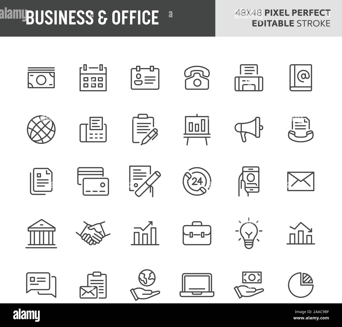 30 dünne Linie Symbole mit Business & Office verbunden sind. Symbole wie Office, Geld & business Related Items (rechtliche und Dokumente), die im Satz enthalten sind. Stock Vektor