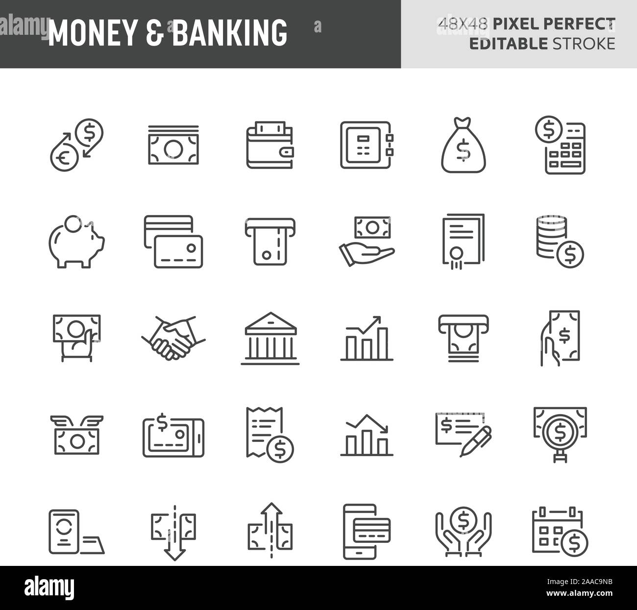 30 dünne Linie Symbole mit Geld und Banken. Symbole wie Geld, Bank- und Finanzdienstleistungen in diesem Set sind enthalten. 48 x 48 Pixel Stock Vektor