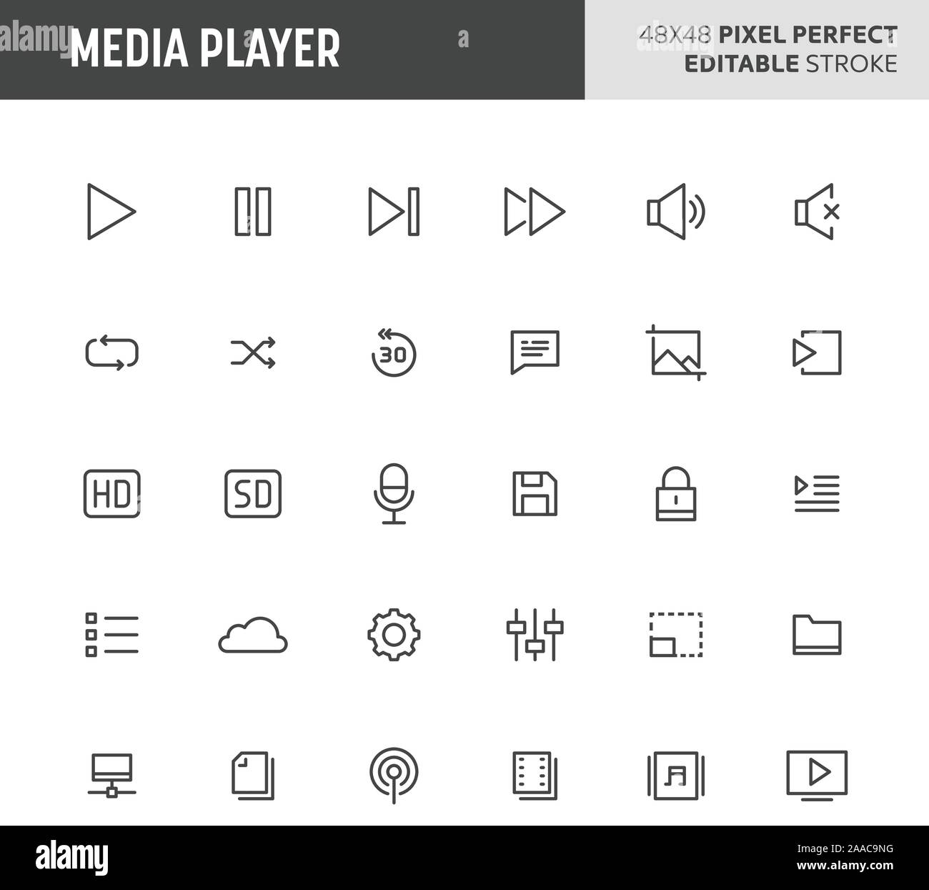 30 dünne Linie Symbole mit Media Player mit verschiedenen Schaltfläche in Video und Audio Player zugeordnet sind in diesem Set enthalten. 48 x 48 Pixel Perfect vecto Stock Vektor