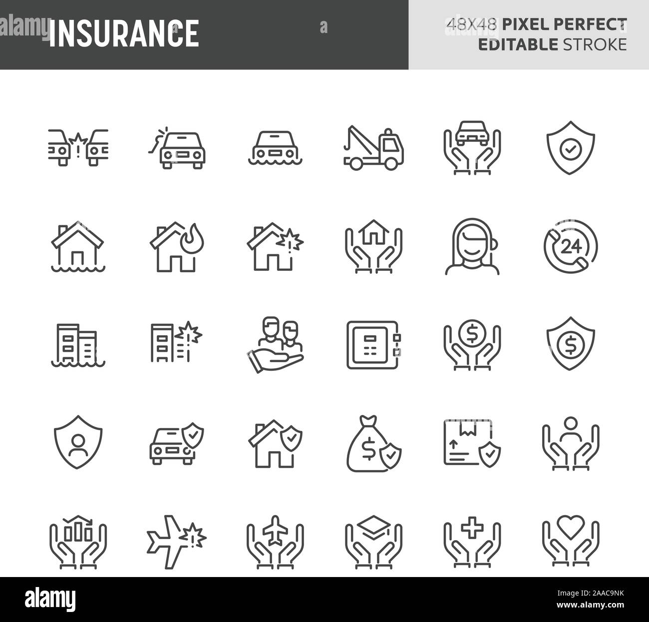 30 dünne Linie Symbole mit Versicherung verbunden. Symbole wie Auto, Haus, geschäftliche und private Lebensversicherung sind in diesem Set enthalten. 48 x 48 Pixel p Stock Vektor