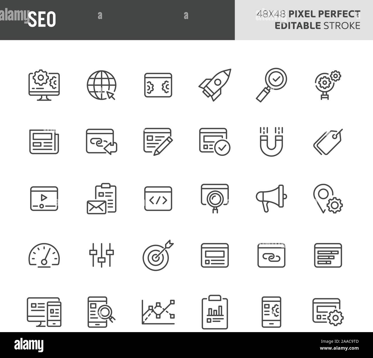 30 dünne Linie Symbole mit Search Engine Optimization (SEO). Symbole wie Dashboard, Statistik, Analyse & Strategie sind im Set enthalten. 48 Stock Vektor