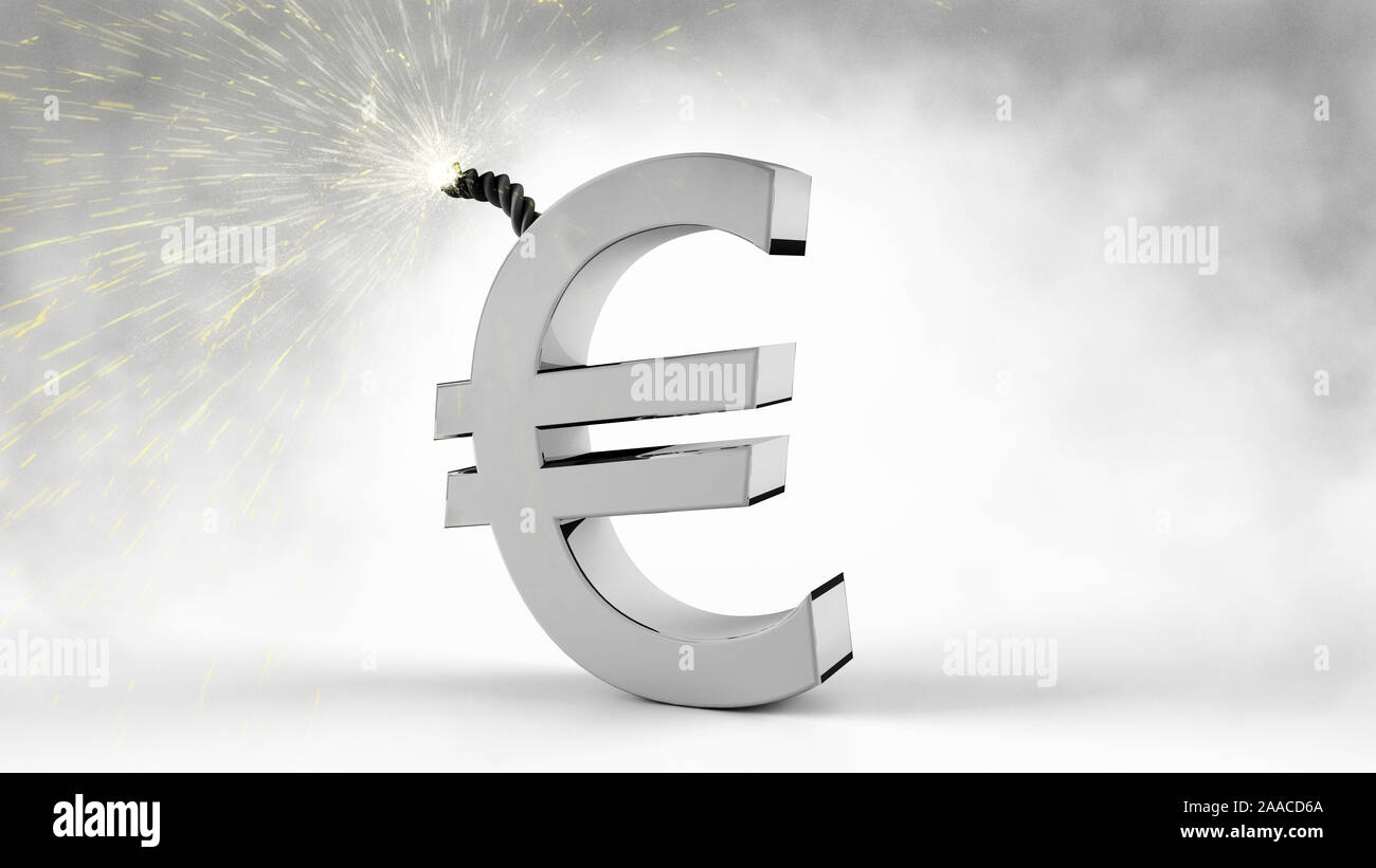 Euro Symbol mit explosiven Sicherung vor weißem Hintergrund und Rauch 3d-render Abbildung Stockfoto
