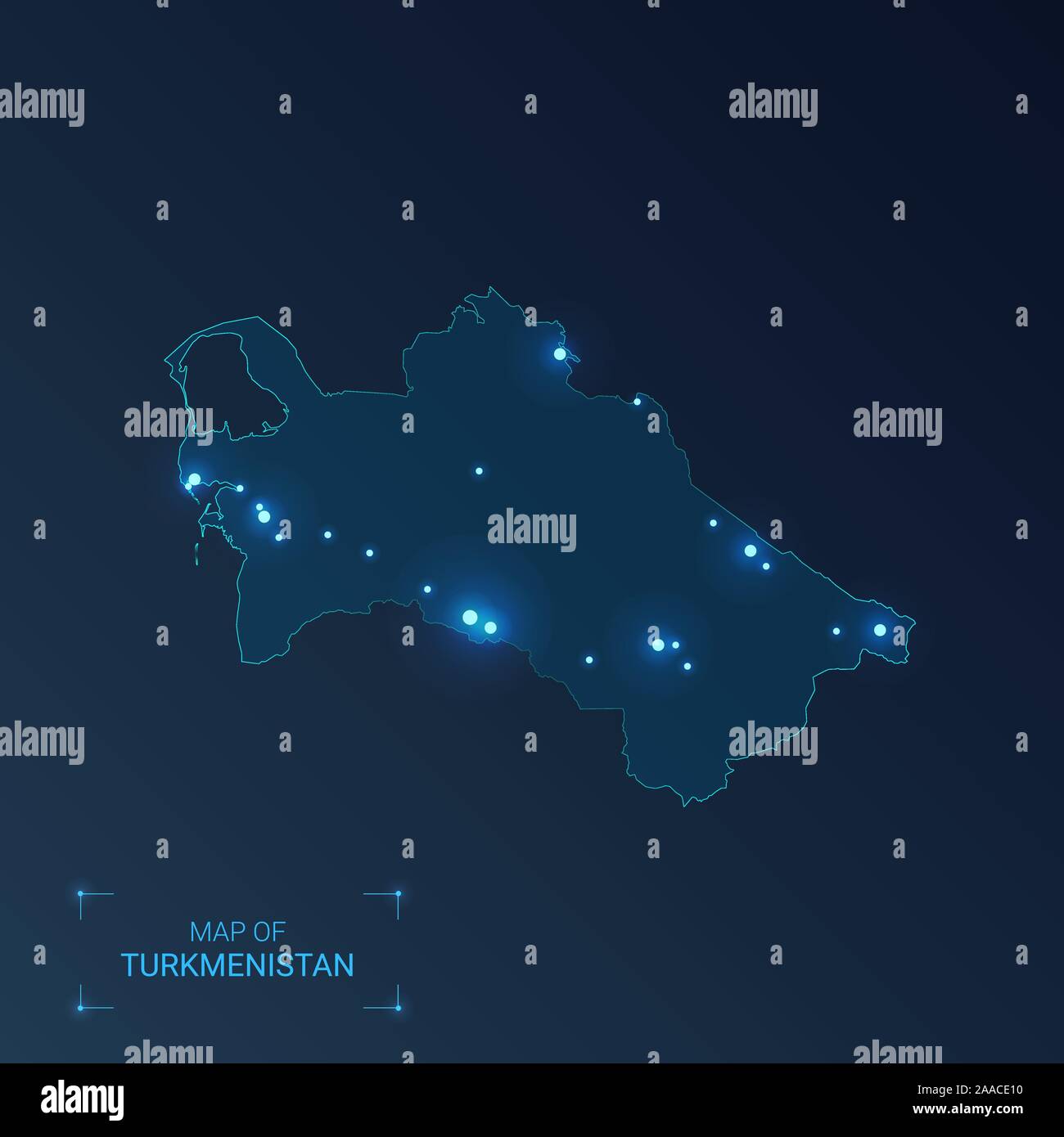 Turkmenistan Karte mit Städten. Leuchtenden punkten - Neonlicht auf dunklem Hintergrund. Vector Illustration. Stock Vektor