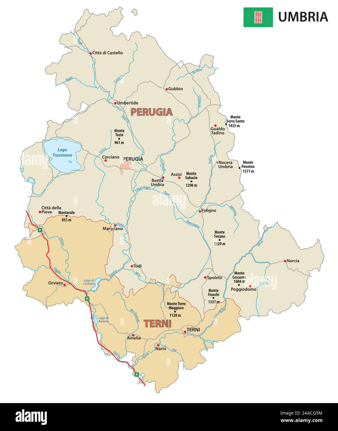 Straße und administrative Karte der italienischen Region Umbrien Stock Vektor