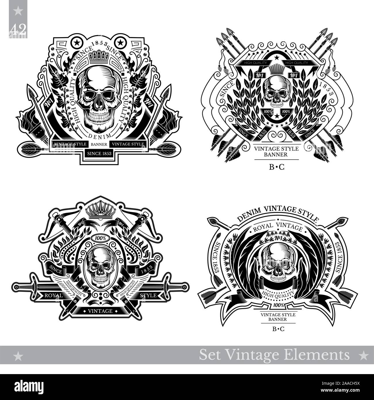 Vintage Embleme mit Totenkopf Vorderansicht in der Mitte der Blumen muster und Waffe. Set Vektor heraldische Element für das Design oder T-Shirt Druck auf weißer Stock Vektor