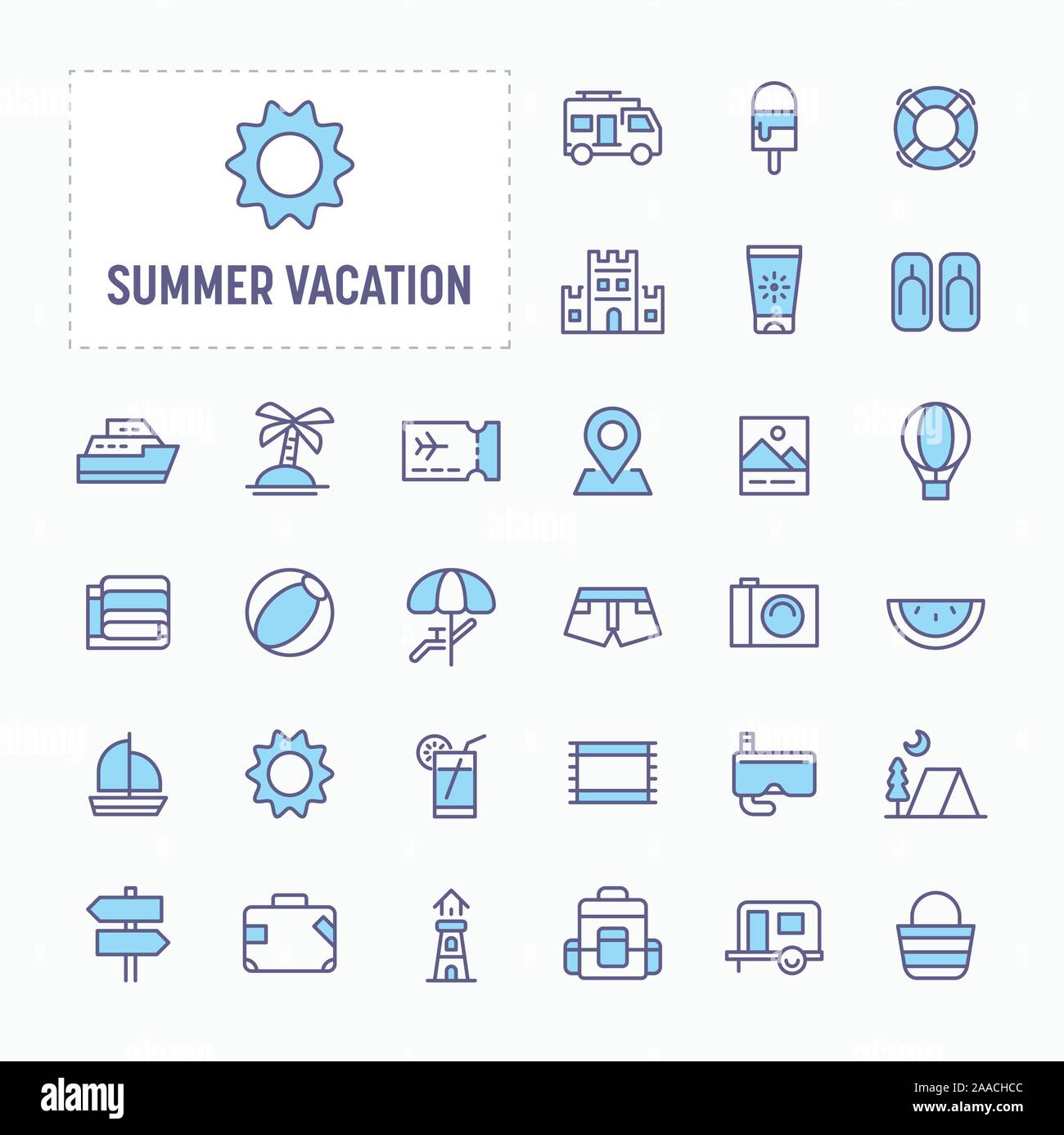 Sommer Urlaub und Strand - thin line Website, Anwendung und Präsentation Symbol. Einfache und minimale Vektor Icon und Illustration Collection. Stock Vektor