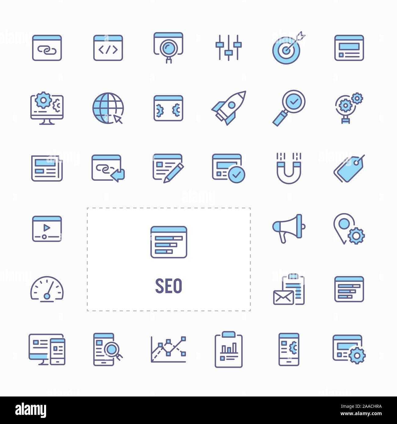 Search Engine Optimization (SEO) - thin line Website, Anwendung und Präsentation Symbol. Einfache und minimale Vektor Icon und Illustration Collection. Stock Vektor