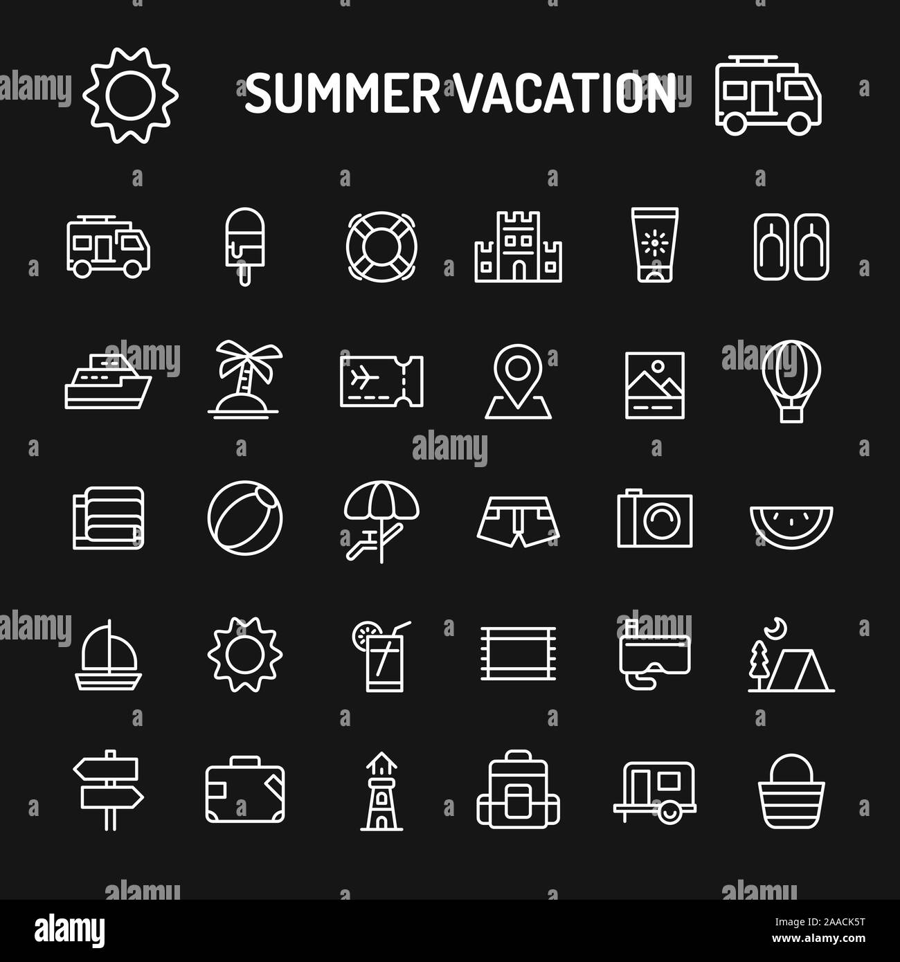 Einfache weiße Zeile für Symbole über schwarzen Hintergrund zu Sommer Urlaub und Strand im Zusammenhang isoliert. Vektor Zeichen und Symbole Sammlungen für Website und desi Stock Vektor