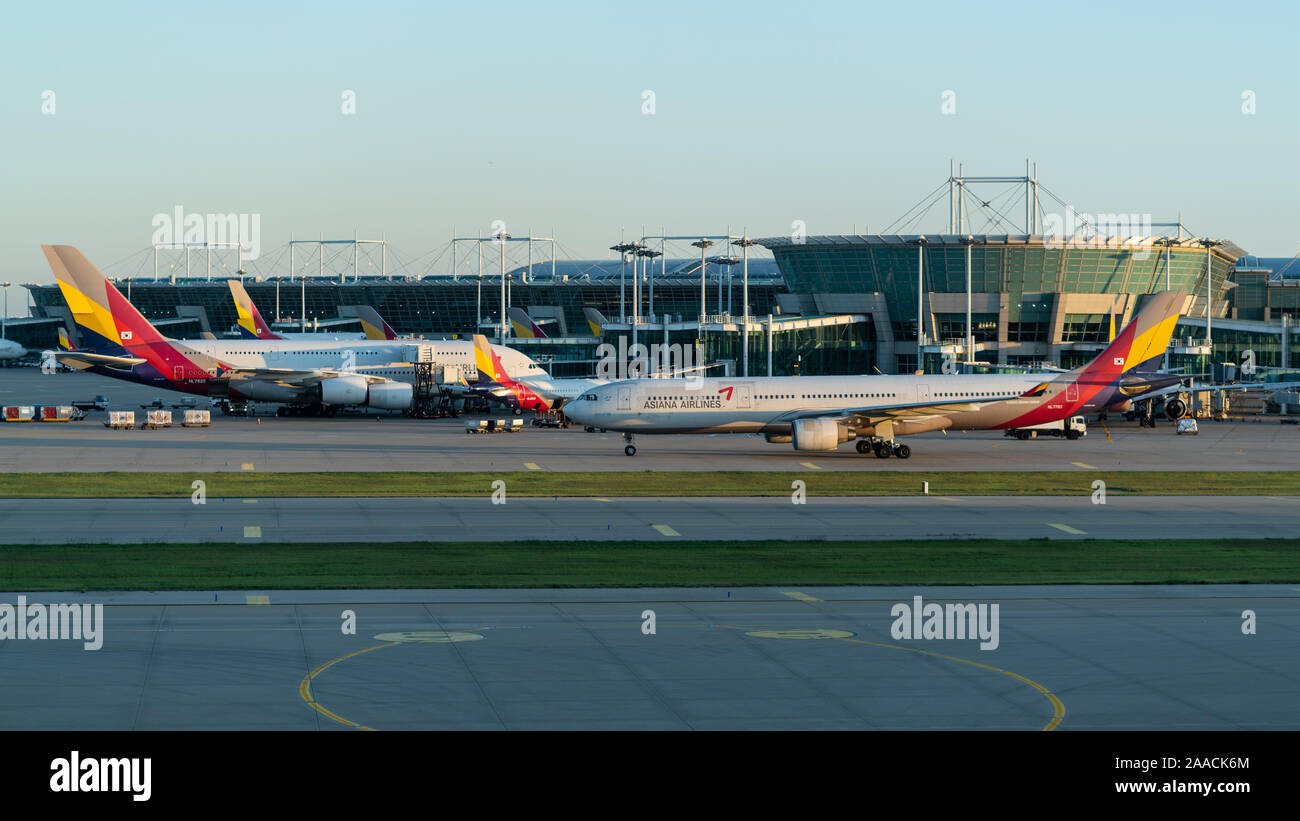 Incheon Korea, 8. Oktober 2019: Mehrere Flugzeuge von Asiana Airlines am internationalen Flughafen Incheon in Seoul, Südkorea Stockfoto
