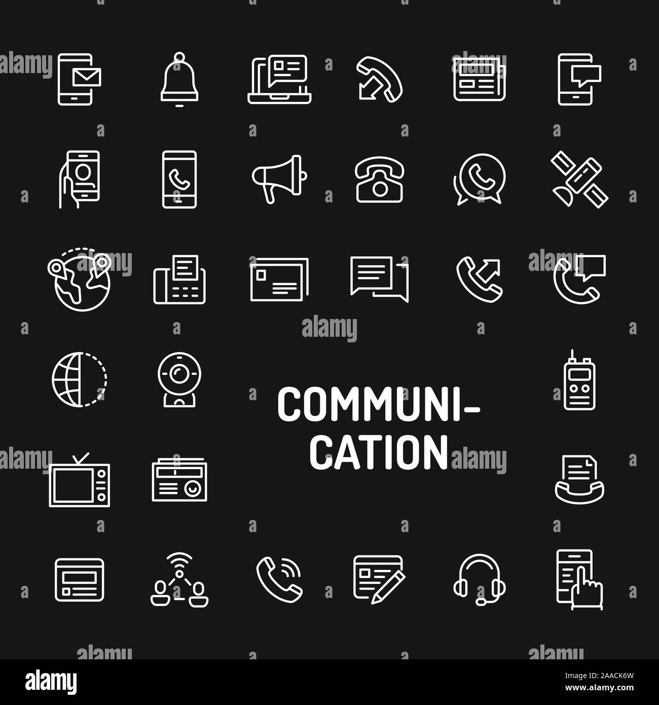 Einfache weiße Zeile für Symbole auf schwarzem Hintergrund zu Kommunikation isoliert. Vektor Zeichen und Symbole Sammlungen für Website und Design Template Stock Vektor