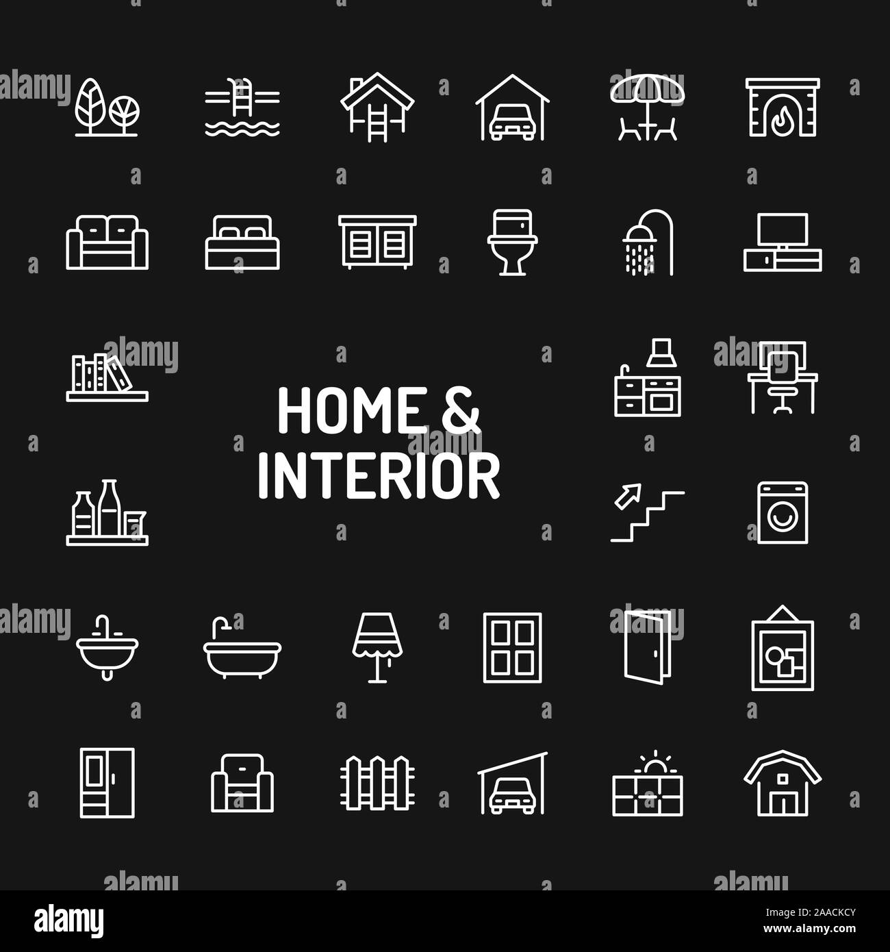 Einfache weiße Zeile für Symbole über schwarzen Hintergrund zu Hause, Wohnen, Einrichtung & Möbel im Zusammenhang isoliert. Vektor Zeichen und Symbole Sammlungen für websi Stock Vektor