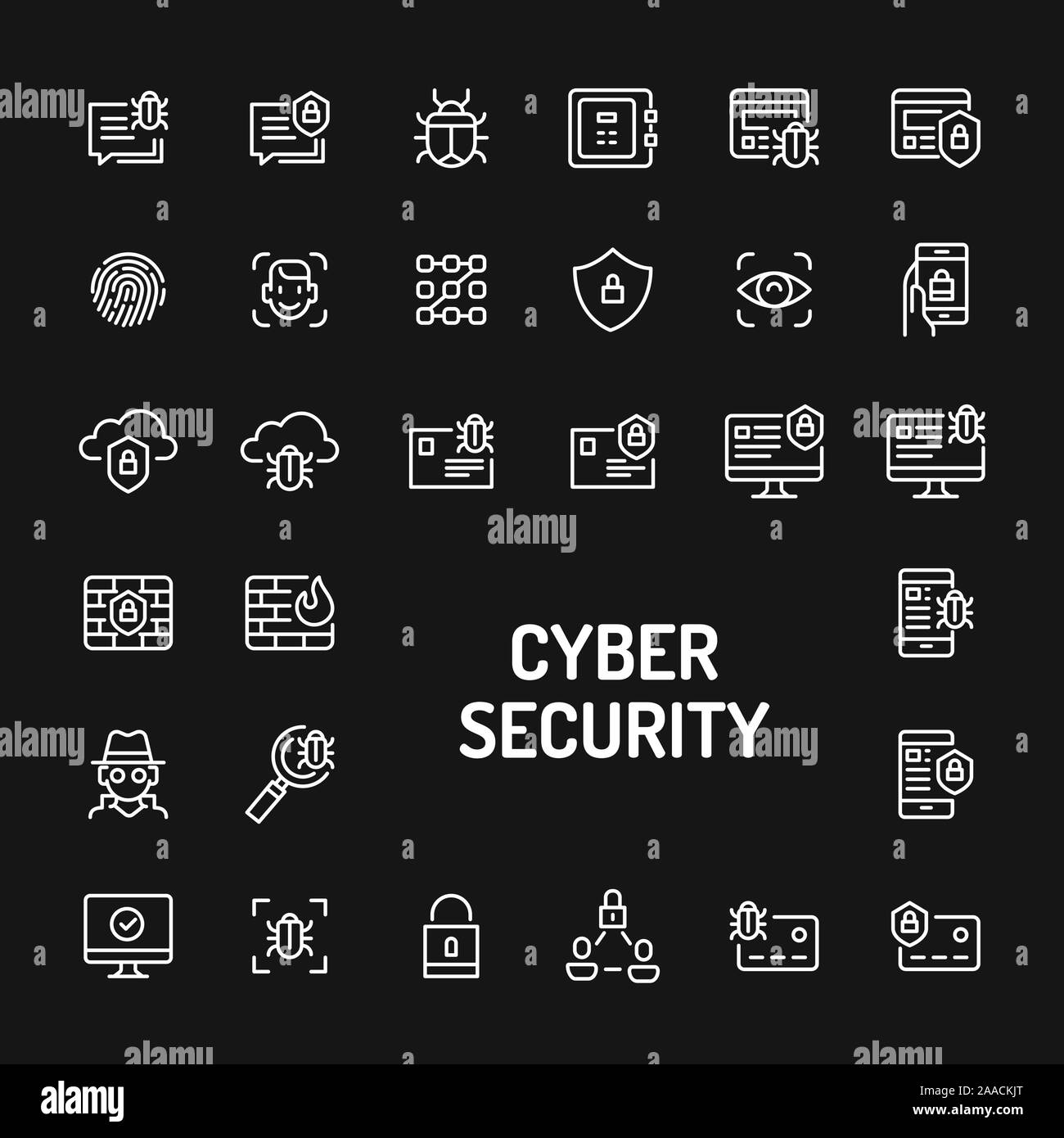Einfache weiße Zeile für Symbole über schwarzen Hintergrund zu Cyberspace und digitale Sicherheit isoliert. Vektor Zeichen und Symbole Sammlungen für die Website ein Stock Vektor