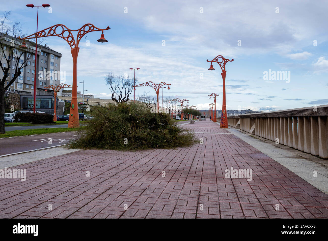 Coruna/Spanien - 20. November 2019: Äste in einem Haufen warten nach Stürmen auf einem Gehsteig in Coruna Spanien geklärt zu werden. Stockfoto