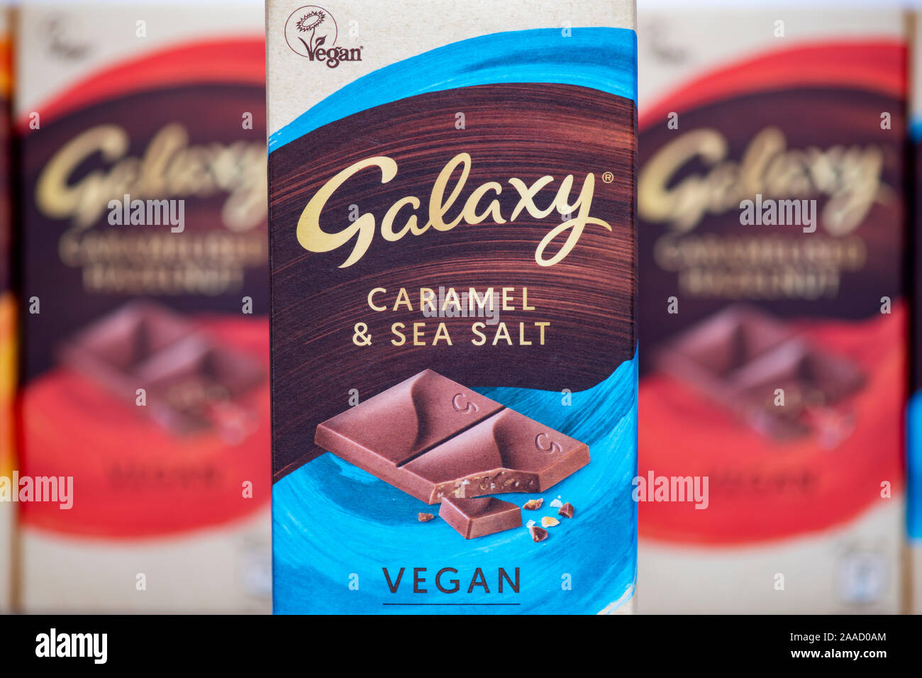 Galaxy vegane Schokolade, Karamell und Meersalz und karamellisierter Haselnuss bars Stockfoto