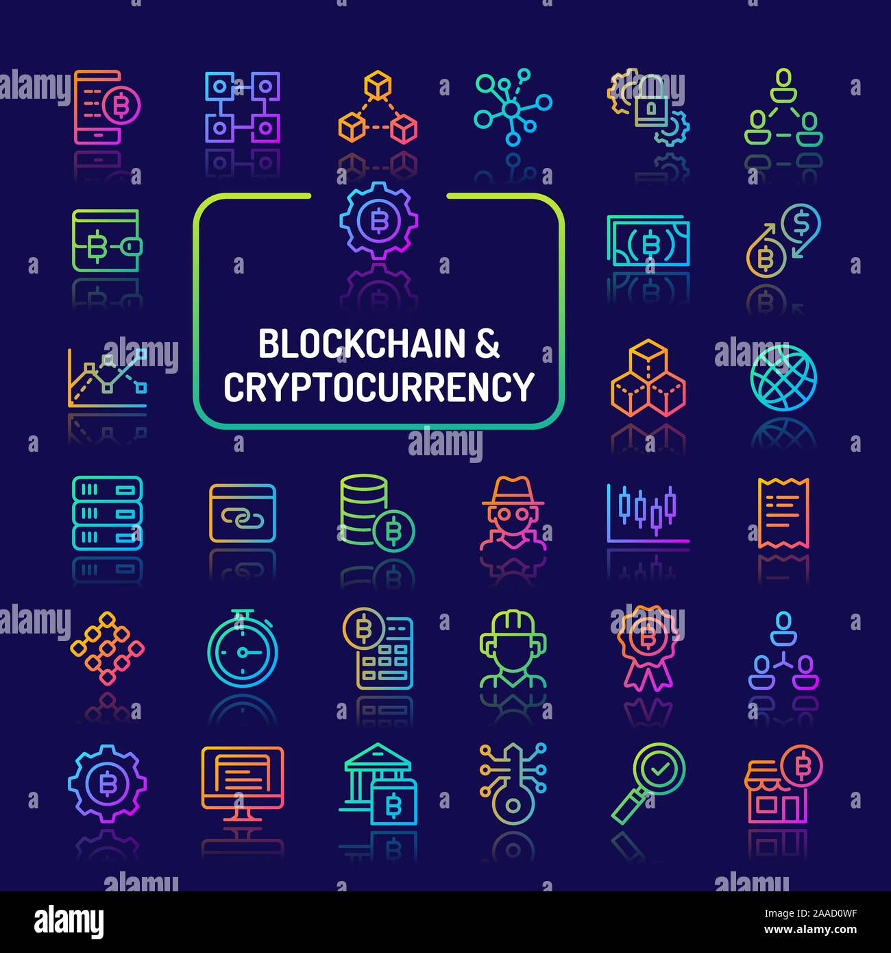Einfache gradient farbige Symbole isoliert auf dunklem Hintergrund zu Digital Asset, blockchain, cryptocurrency, Verschlüsselung, Transaktion und Sicherheit. Stock Vektor