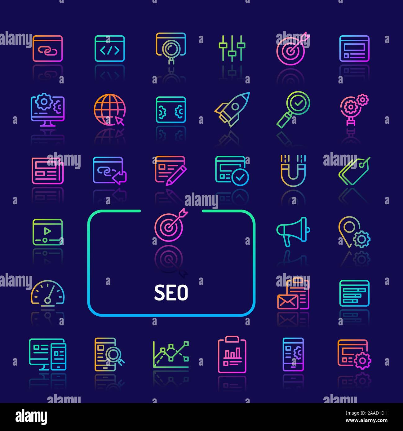 Einfache gradient farbige Symbole isoliert über dunklen Hintergrund im Zusammenhang mit Search Engine Optimization (SEO). Vektor Zeichen und Symbole Sammlungen für Websit Stock Vektor