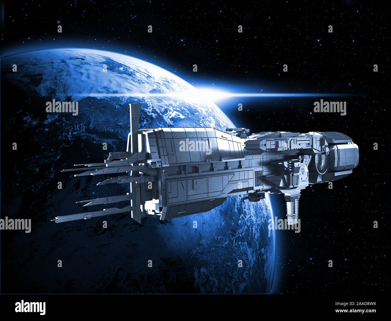 Raumschiff mit dem Planeten Erde - 3D-Rendering Stockfoto