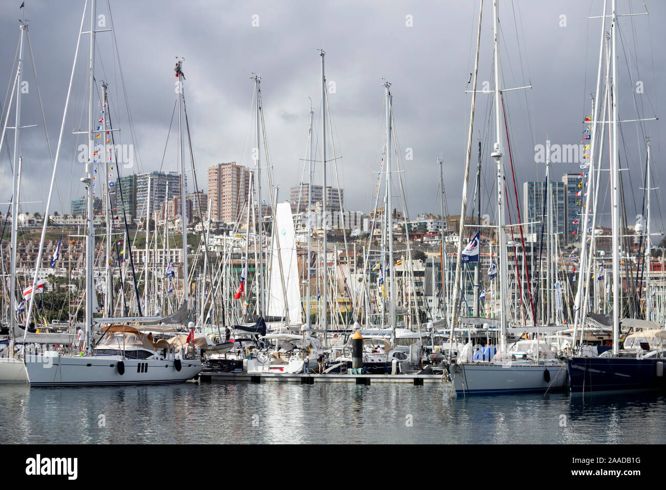 Las Palmas, Gran Canaria, Kanarische Inseln, Spanien. 21. November 2019. Ein Seemann hängt von einem Mast als Mannschaften ihre Yachten zum größten transocean der Welt Segeln Veranstaltung vorbereiten, die ARC Transatlantischen, die am Sonntag, den 24. November beginnt. Die Rasse/Rallye beginnt in Las Palmas und endet in Rodney Bay auf St. Lucia in der Karibik. Mannschaften aus mehr als 40 Ländern, darunter viele aus Großbritannien, an Bord werden rund 300 Yachten, die Kreuzung. Credit: Alan Dawson/Alamy leben Nachrichten Stockfoto