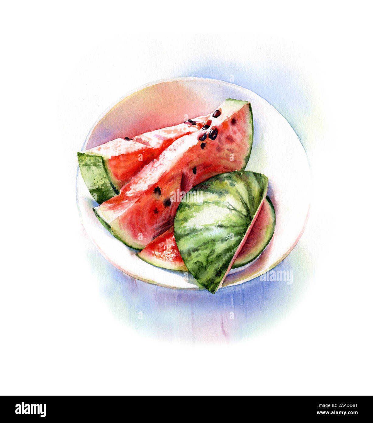 Wassermelone auf dem Teller. Handgemalten Aquarell essen Abbildung. Realistische frischen Reifen Sommer Obst auf Weiß, Werbung isoliert, Banner Stockfoto