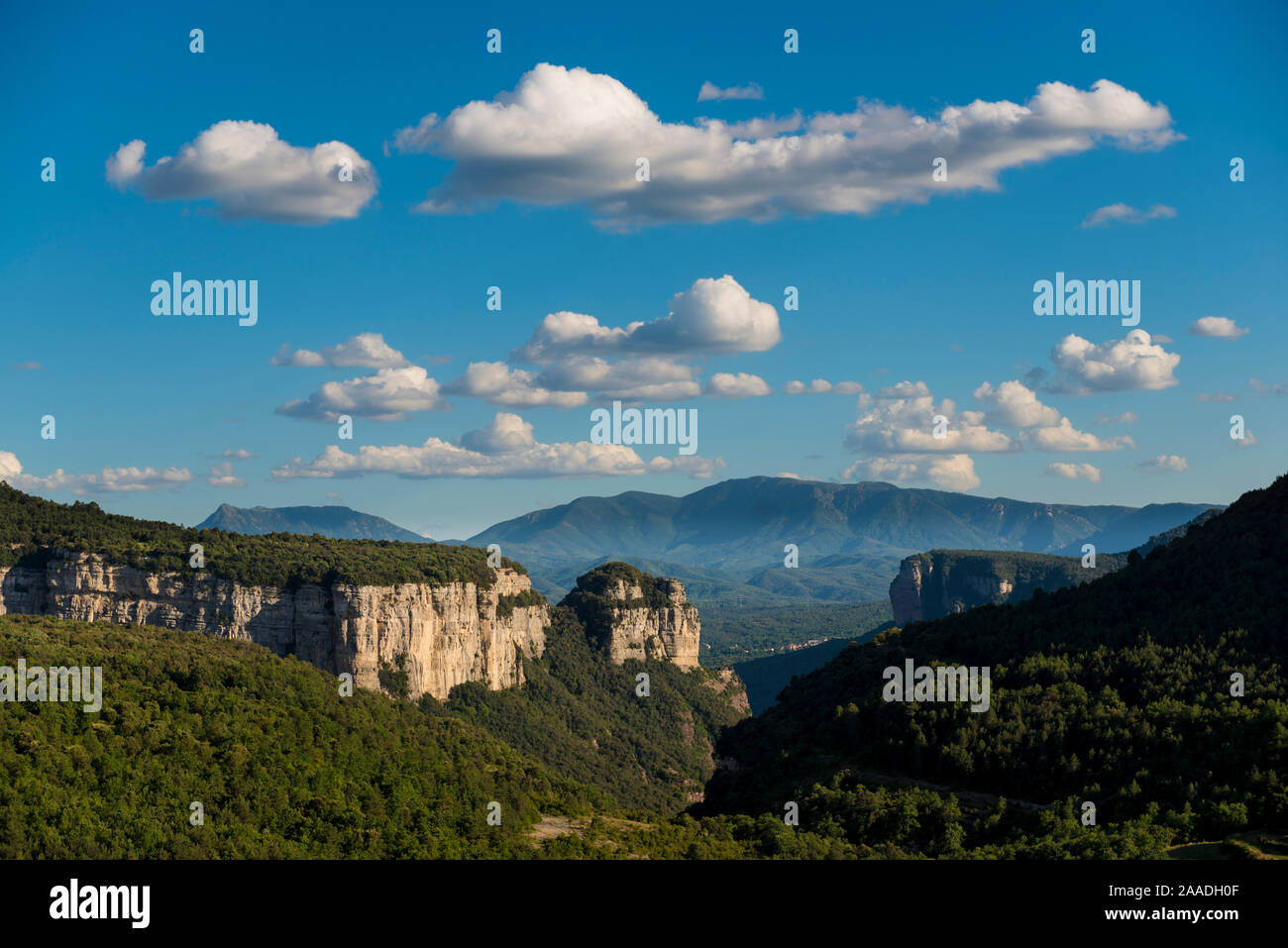 Sau und Vilanova de Sau, gesehen von Tavertet und Santa Maria del CorcÃ³, Les Guilleries Natural Park, Barcelona, Katalonien, Juni 2016. Stockfoto