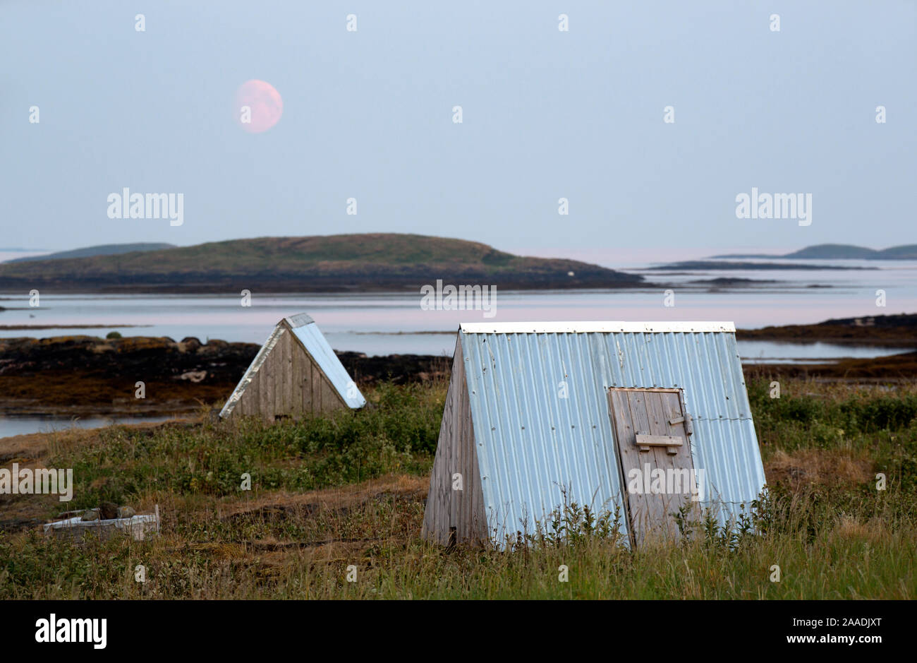 Eider Häuser, Lanan Insel, Vega Inseln UNESCO Weltkulturerbe, Nördliche Norwegen. Juli. Hoch gelobt, in der Mensch und Natur Kategorie von Terre Sauvage Natur Bilder Awards 2017. Stockfoto