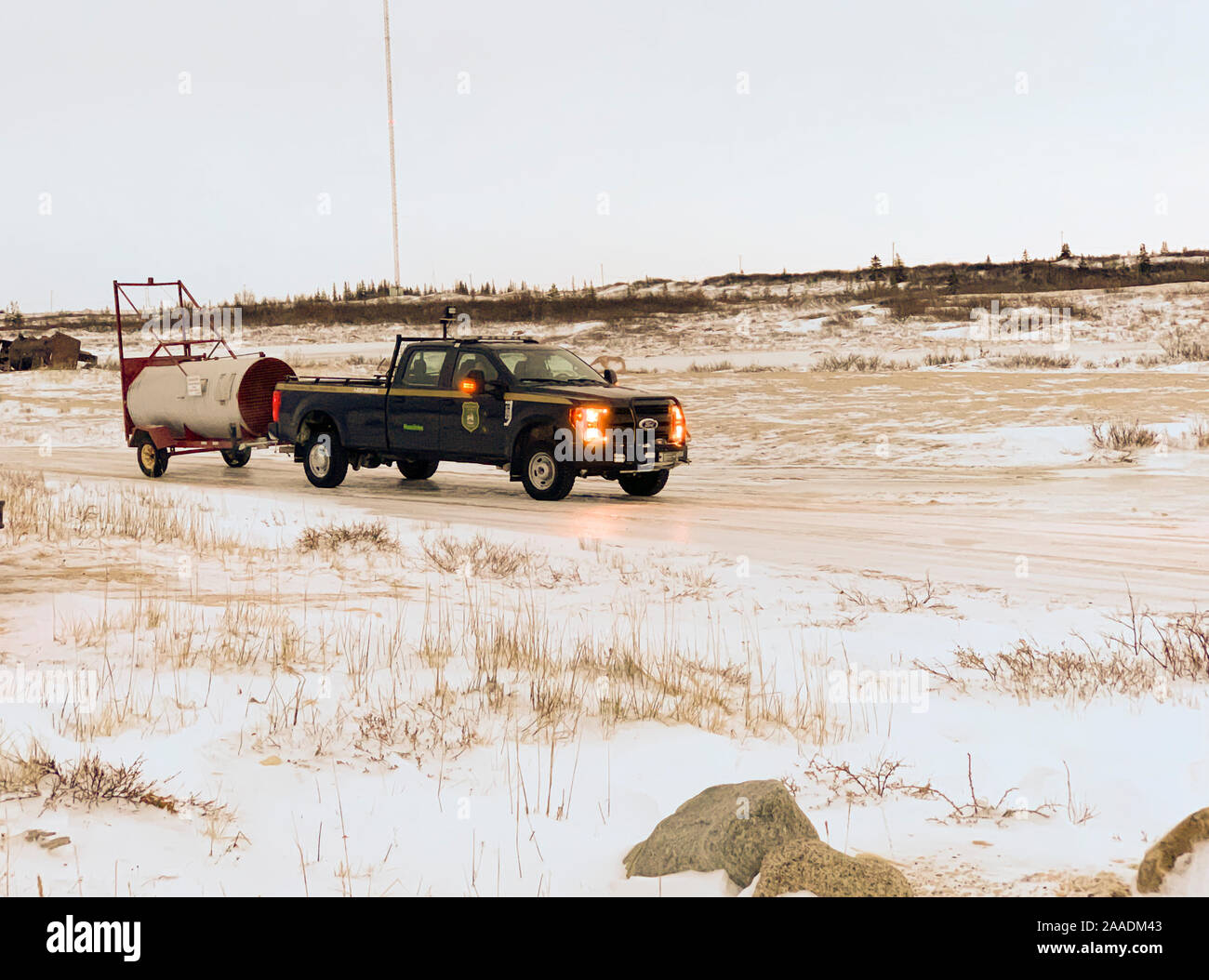 Churchill, Manitoba, Kanada - November 15, 2019: Erhaltung mit Polar Bear Trap bei Freigabe Punkt auf der Hudson Bay bei Churchill, Manitoba, Kanada. Stockfoto