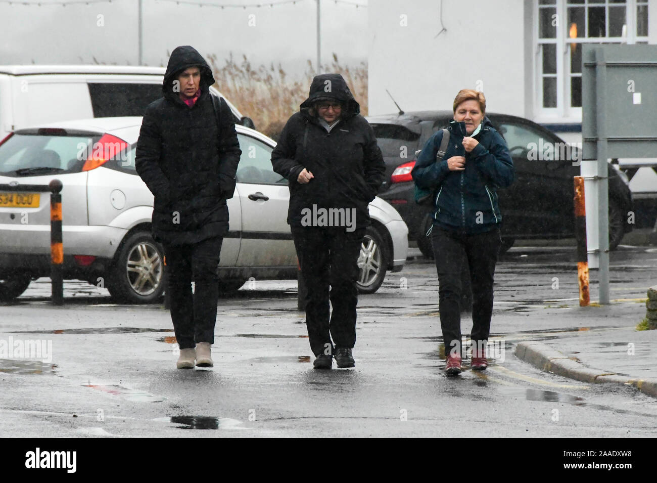 West Bay, Dorset, Großbritannien. 21. November 2019. UK Wetter. Meine Damen tragen wasserdichte Jacken wandern im Regen an der West Bay in Dorset. Foto: Graham Jagd-/Alamy leben Nachrichten Stockfoto