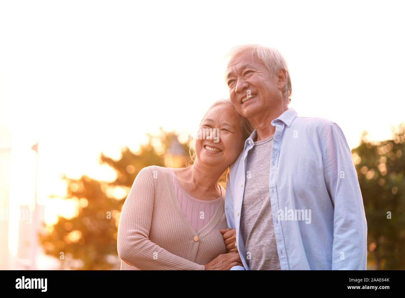 Outdoor Portrait von liebevollen älteren asiatischen Paar, glücklich und lächelnd Stockfoto