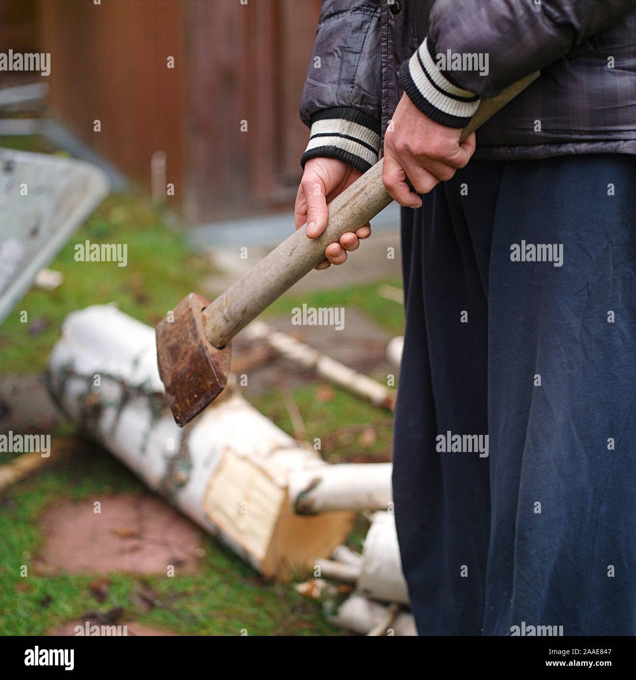 Nahaufnahme von einem Mann mit einem Häcksler, Außenaufnahme, selektiver Fokus Stockfoto