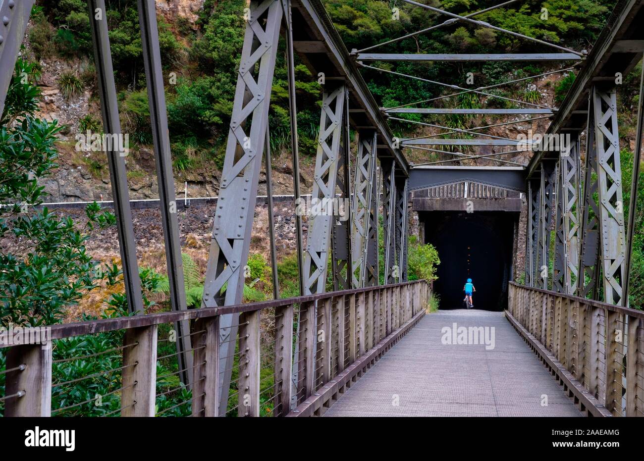 Karangahake Gorge Recreation Path und Rail Tunnel auf der Ohinemuri River, in der Nähe von Waihi, Bay of Plenty, North Island, Neuseeland Stockfoto