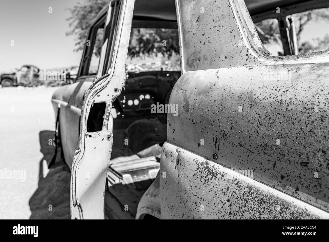 Oldtimer-Wracks in Solitaire Stadt, Sossusvlei im Namib-Wüste, Namibia, Afrika Stockfoto