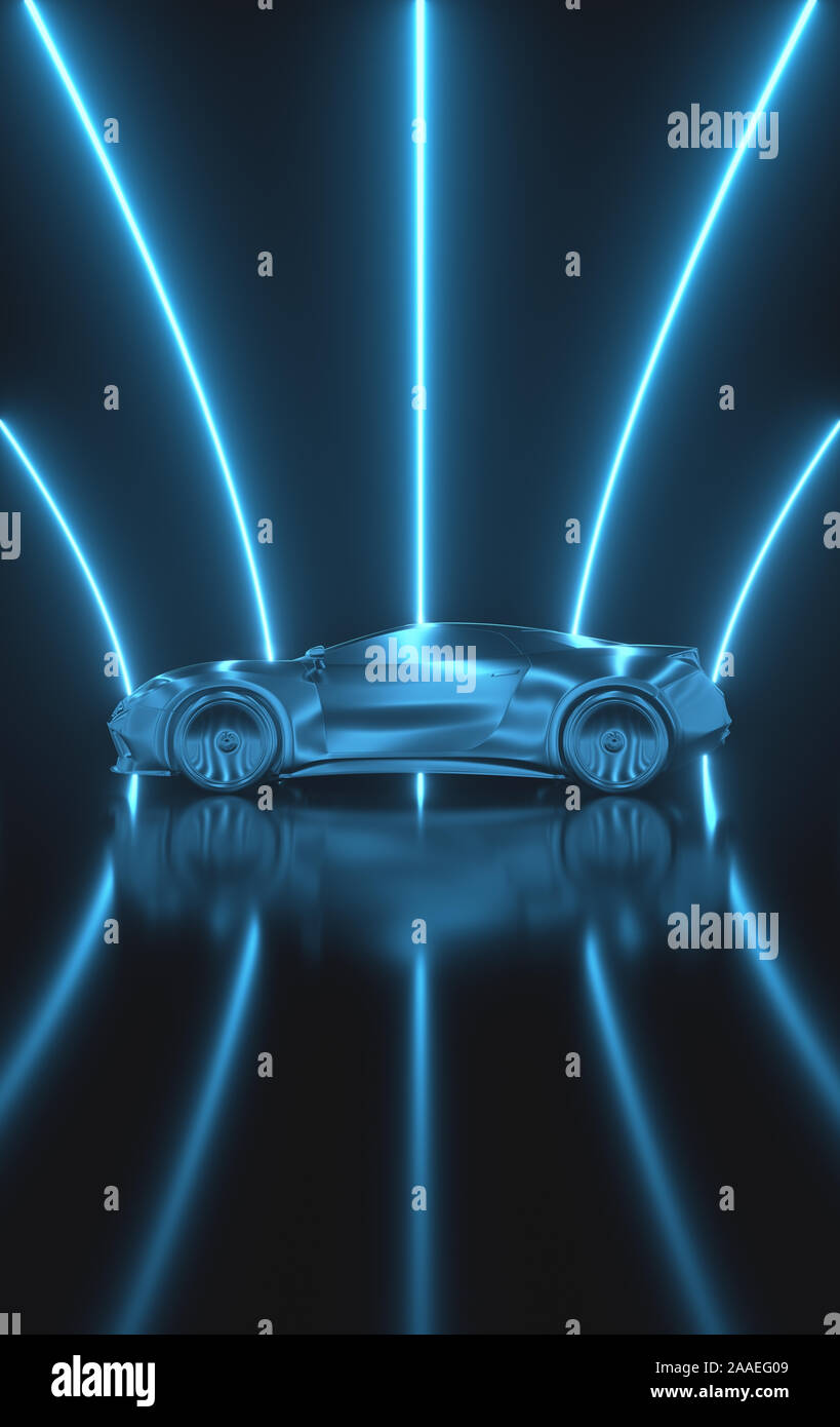 Imaginäre Sportwagen mit erstellt CAD-Software, modelliert und. Konzeptioneller Prototyp innen aerodynamische Tunnel. Stockfoto