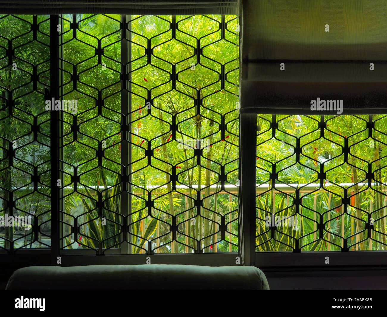 Das wohltuende Grün eines Balkon Garten gesehen durch ein Metall gegrillte Fenster von innen ein Haus. Ruhig, beruhigend; Garten, Natur Konzept Stockfoto