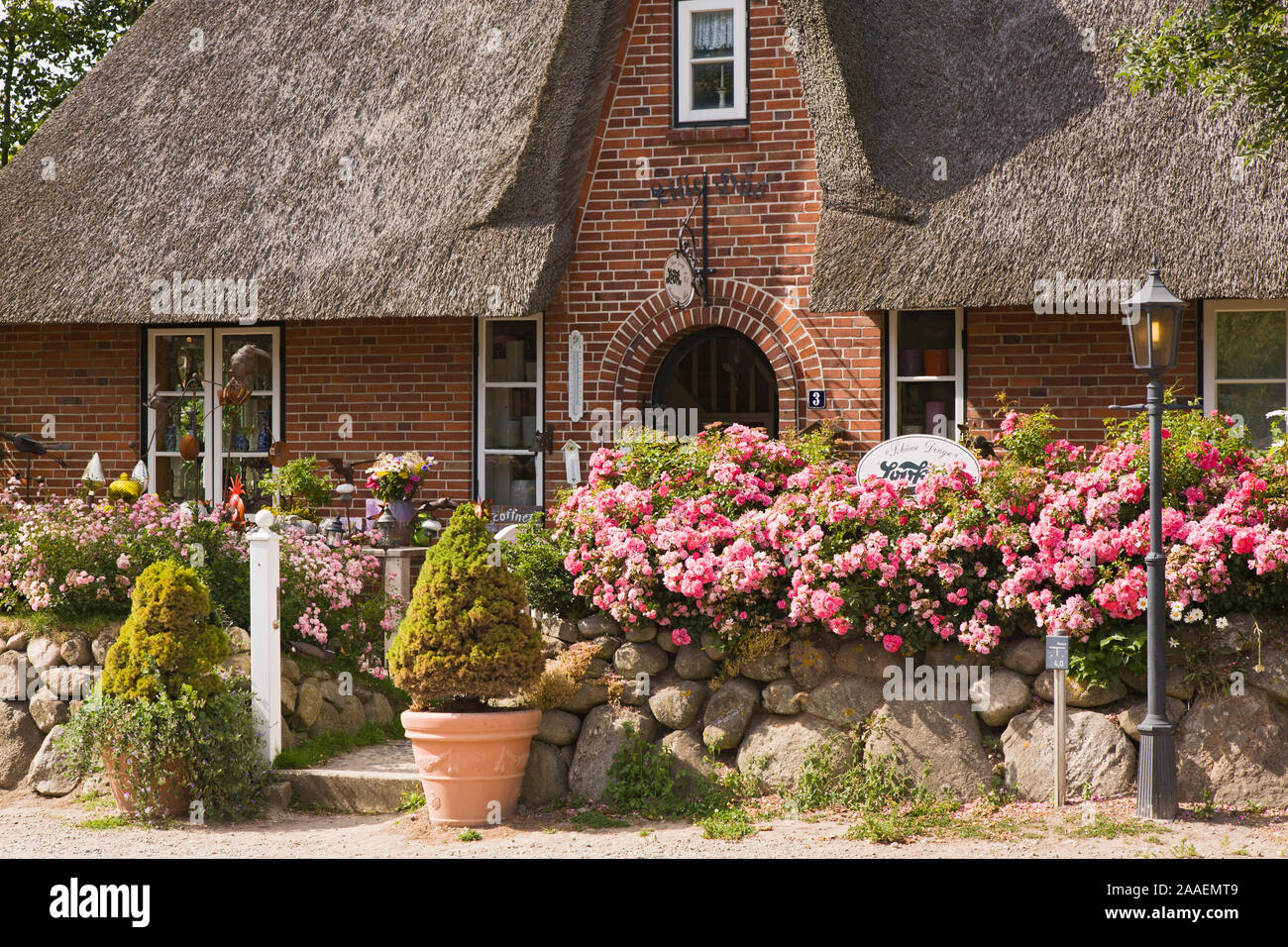 Boutique fuer Reisen in einem typischen reetgedeckten alten Haus in Keitum auf Sylt Stockfoto