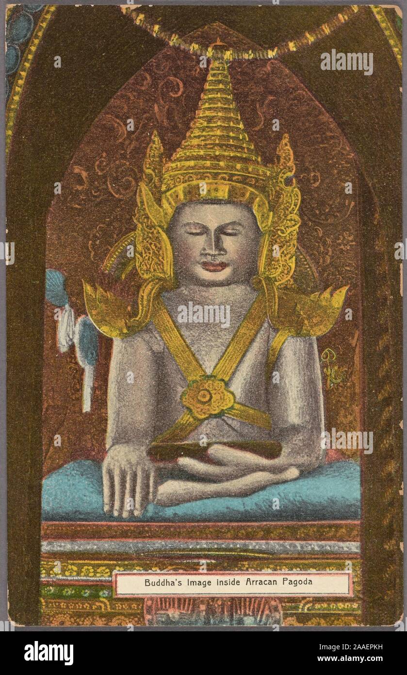Illustrierte Postkarte des Mahamuni Buddha Bild in Arakan Pagode, Myanmar (Burma), von D. A, 1910 veröffentlicht. Ahuja. Von der New York Public Library. () Stockfoto