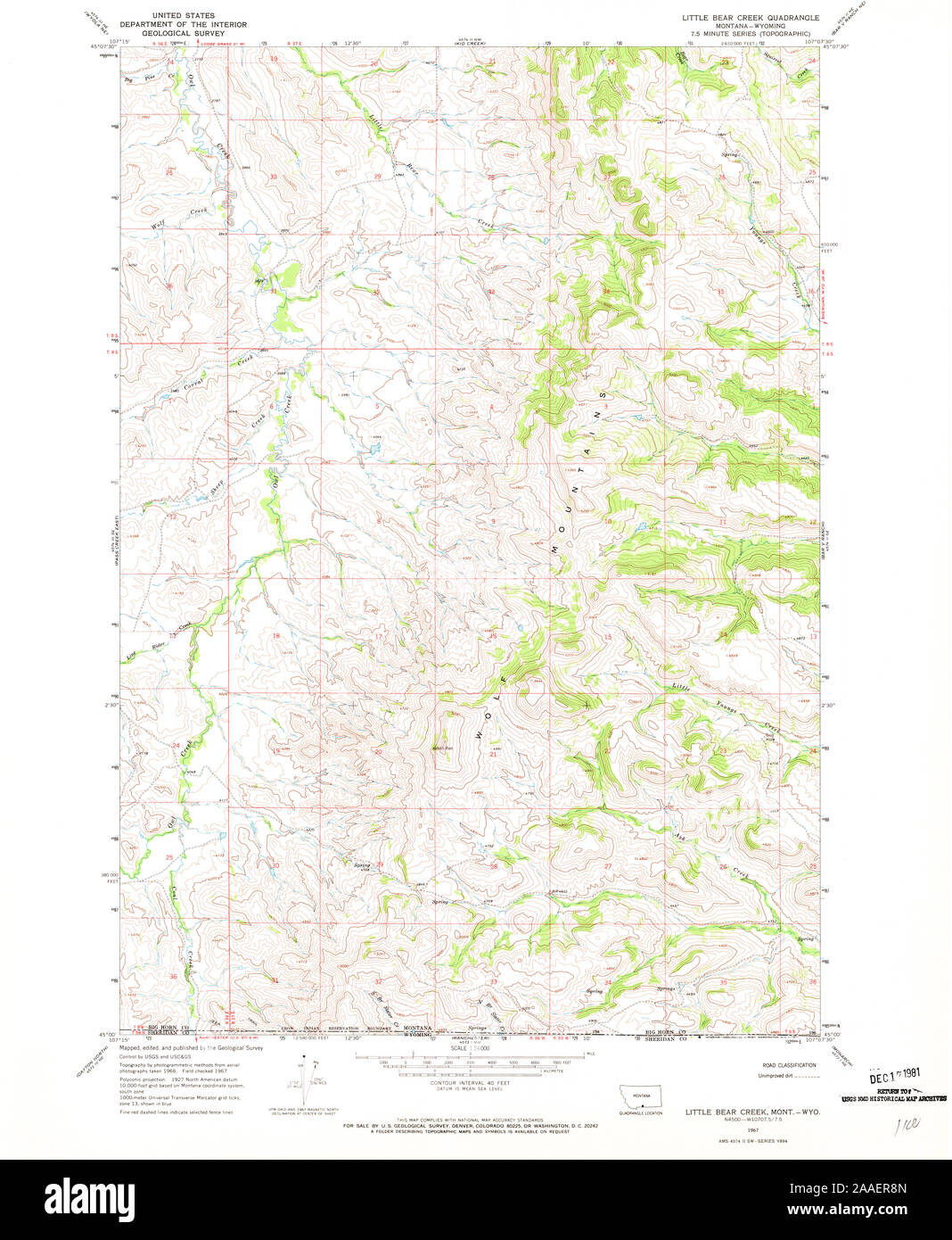 USGS TOPO Karte Montana MT Little Bear Creek 265031 1967 24000 Wiederherstellung Stockfoto