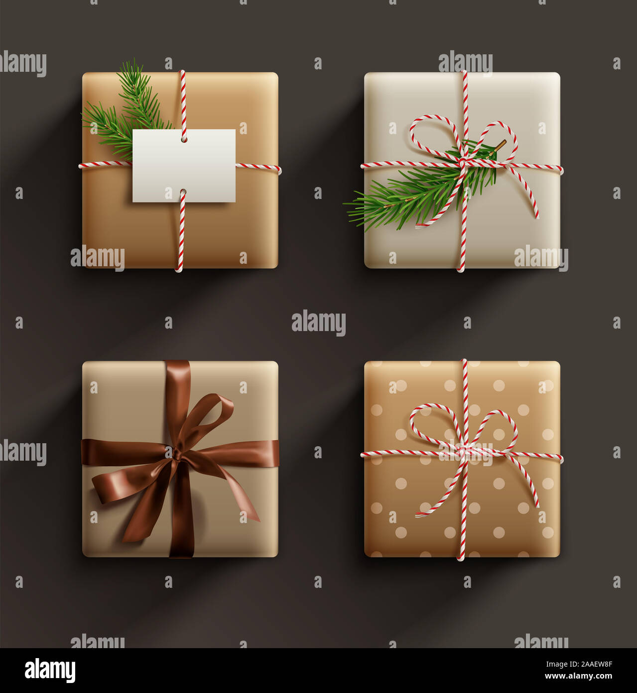 Geschenkboxen mit natürlichen Papier gewickelt. Vector Illustration. Stockfoto