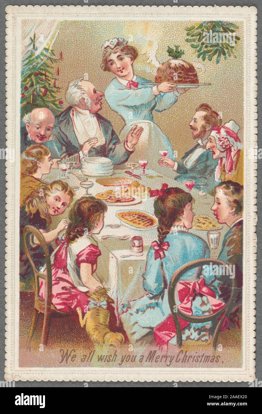 Illustrierte Postkarten mit dem Titel "Wir alle wünschen Ihnen ein Frohes Weihnachtsfest mit der Familie an einem Tisch sitzen über Weihnachten Abendessen zu haben, mit einem Weihnachtsbaum im Hintergrund, 1850. Von der New York Public Library. () Stockfoto